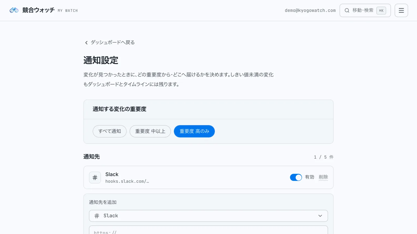 競合ウォッチの通知設定画面。通知する変化の重要度は「重要度 高のみ」で、Slackの通知先が有効になっている