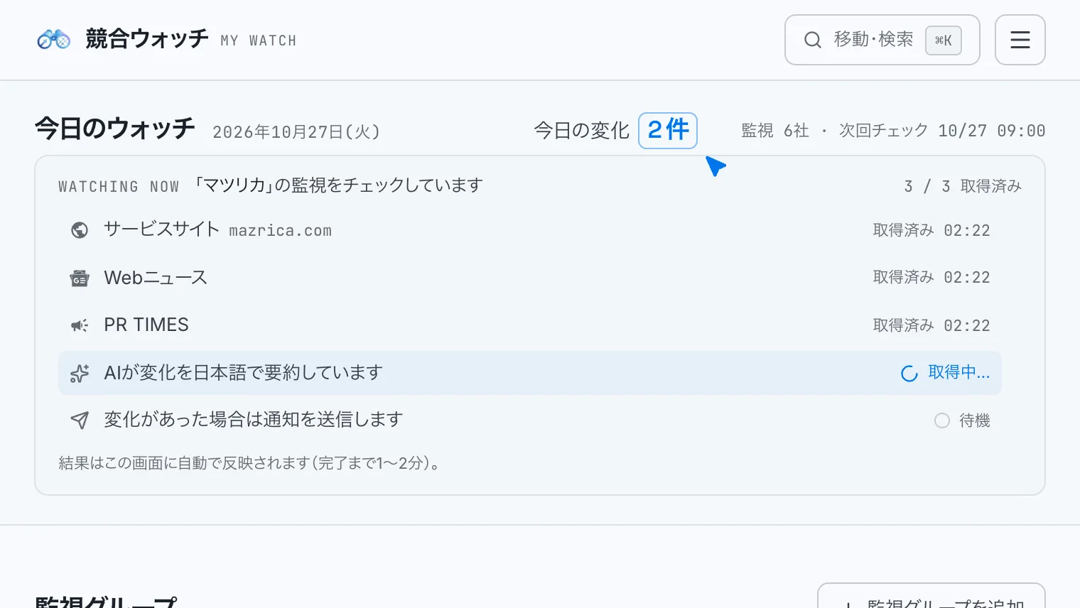 競合ウォッチの監視ログ。マツリカのサービスサイト、Webニュース、PR TIMESの3媒体を取得済みで、AIが要約中
